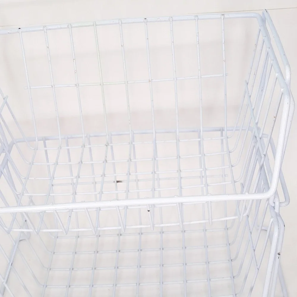 White Wire Stacking Baskets Set 2 Heavy Duty Metal Storage Organizer 18x13x8in